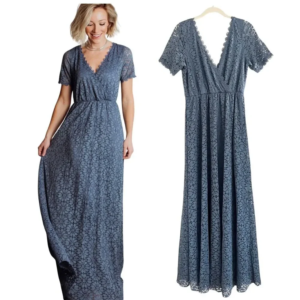 NWT Baltic Born Venice Slate Blue Lace Maxi Dress V-neck Tie Back Size L - Picture 1 of 12